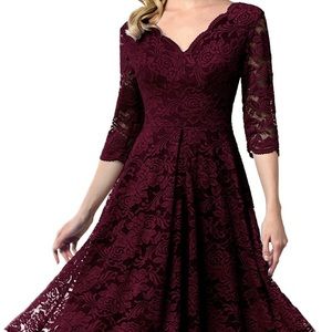 Vintage Floral Lace 3/4 Sleeve Midi Dress